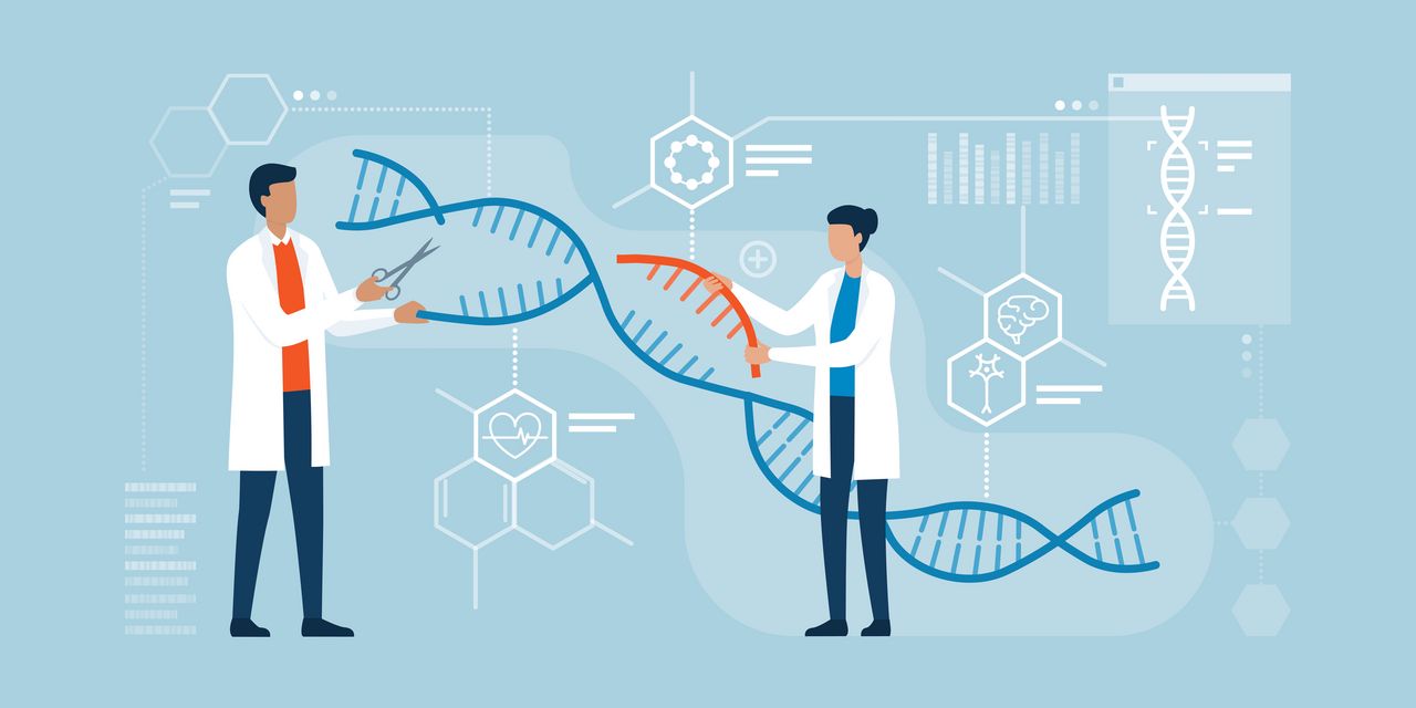 An illustration of doctors manipulating a DNA