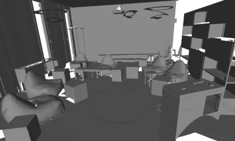 Graues hochauflösendes 3D-Modell des MDSI-Sitzungsraums
