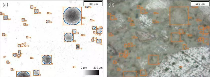 Figure (a) Confocal laser scanning microscopy recording with height profile of the concrete surface and Figure (b) corresponding light mi-croscopy image with labelled air pores.