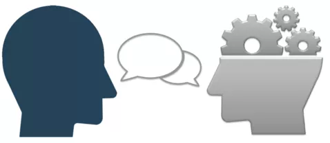 An illustration of a person talking to a machine