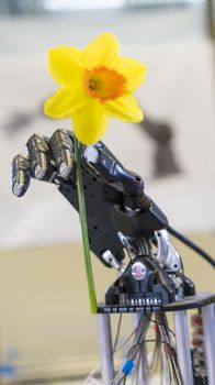 A picture of a robotic hand holding a flower 