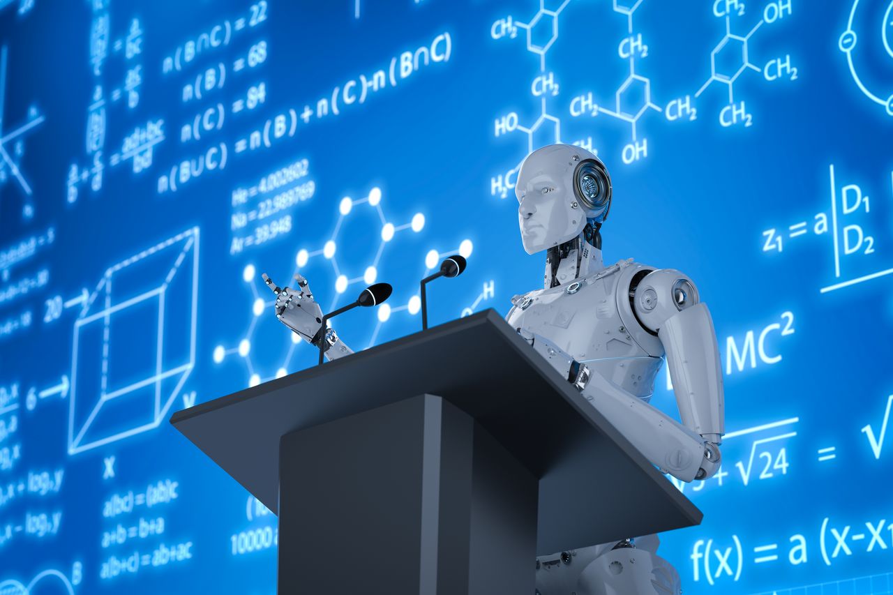 An illustration of a robot deleviring a speech